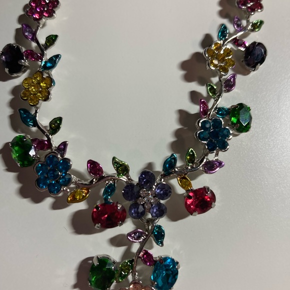 Silver and blue floral statement jewelry, necklace and earrings set, maximalist - Picture 8 of 8